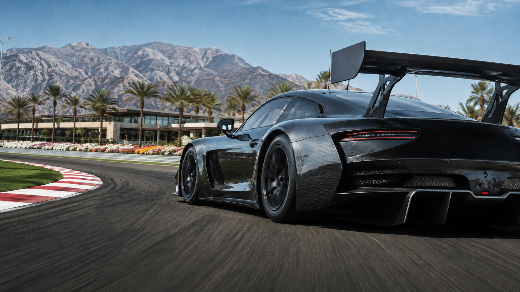 Conceptual artwork of a race car on a track, with mountains, buildings, palm trees and landscaped grounds.